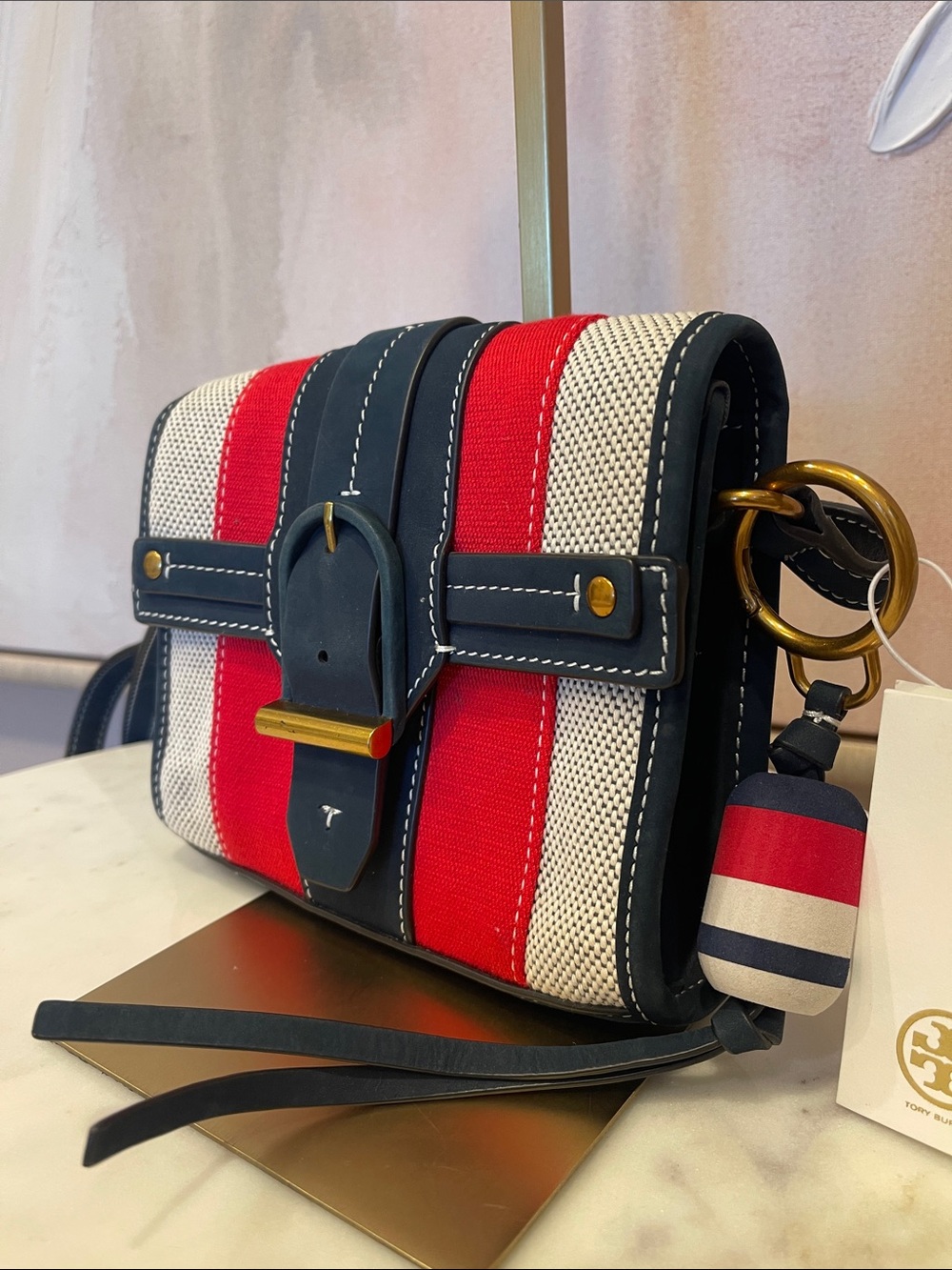 NWT Tory Burch Navy, Red and Cream Striped Crossbody Bag - Picture 2 of 6